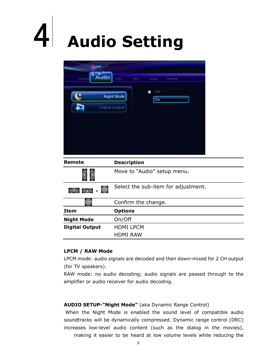 Audio setting | brite-View HD DVR BV-980H User Manual | Page 13 / 24