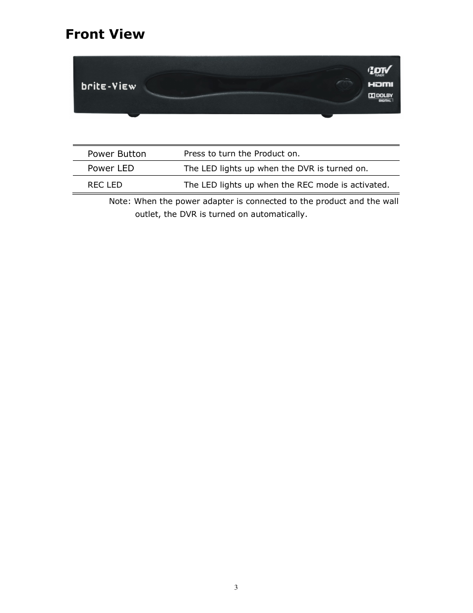 Front view | brite-View HD DVR BV-980H User Manual | Page 8 / 24