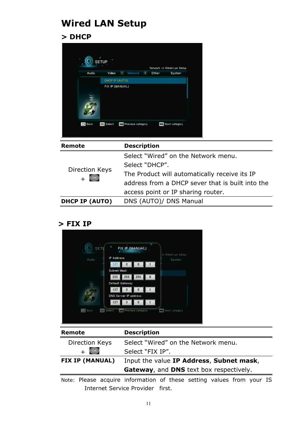 Wired lan setup, Dhcp, Fix ip | brite-View CinemaGo BV-5005HD Mini User Manual User Manual | Page 15 / 45