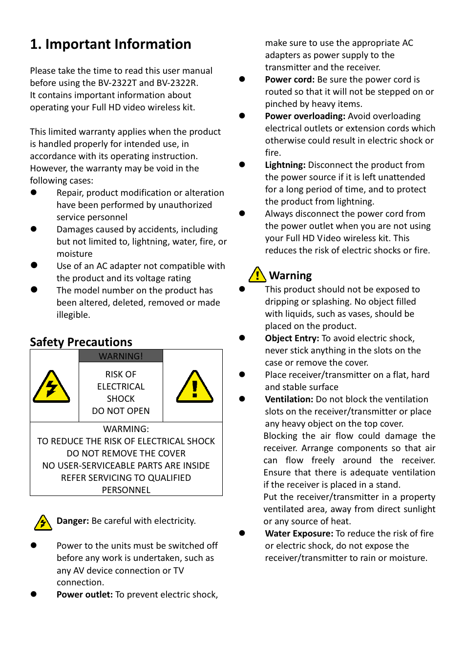Important information, Safety precautions, Warning | brite-View Air SyncHD BV-2322 User Manual User Manual | Page 3 / 30