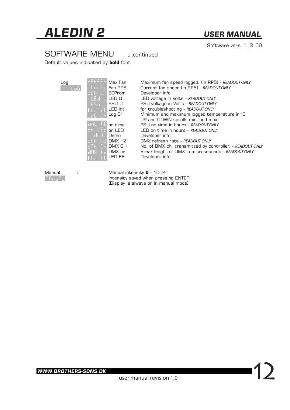 Aledin 2, Software menu, User manual | Continued, User manual revision 1.0 | Brother, Brother & Sons Aledin2 rev. 2.0 User Manual | Page 13 / 14