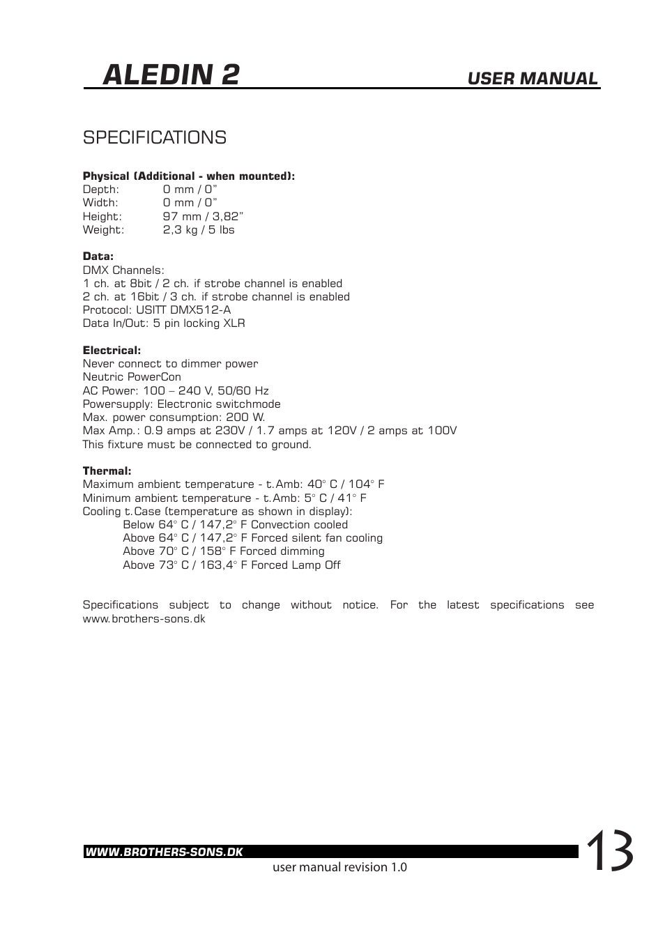 Aledin 2, Specifications, User manual | Brother, Brother & Sons Aledin2 rev. 2.0 User Manual | Page 14 / 14
