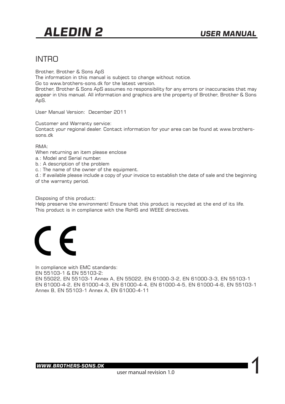 Aledin 2, Intro, User manual | Brother, Brother & Sons Aledin2 rev. 2.0 User Manual | Page 2 / 14