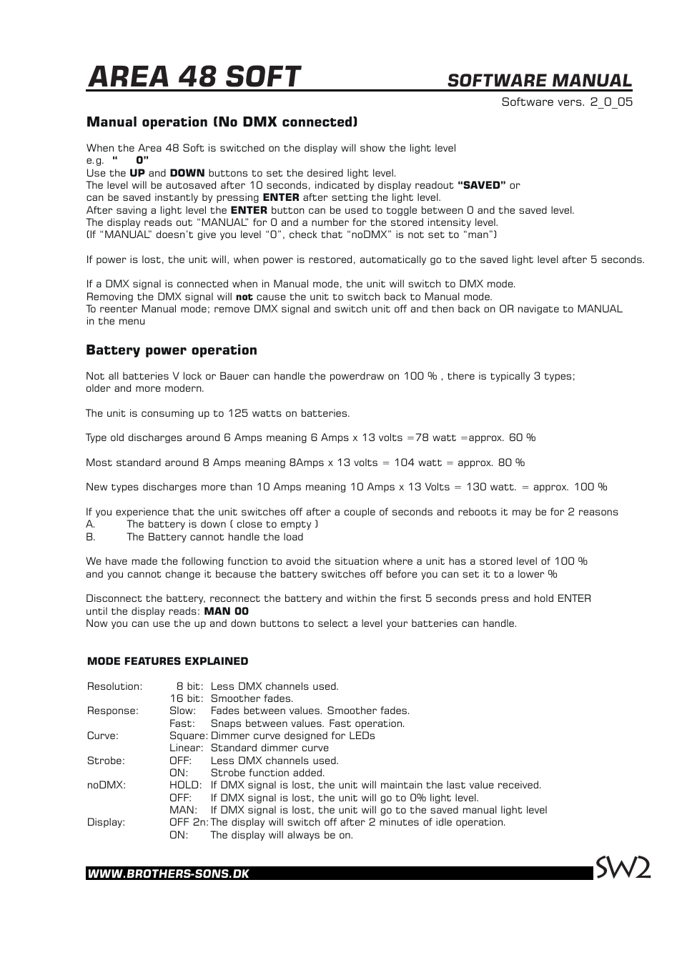 Area 48 soft, Software manual, Manual operation (no dmx connected) | Battery power operation | Brother, Brother & Sons Area48soft Software ver. 2.0.05 User Manual | Page 2 / 6