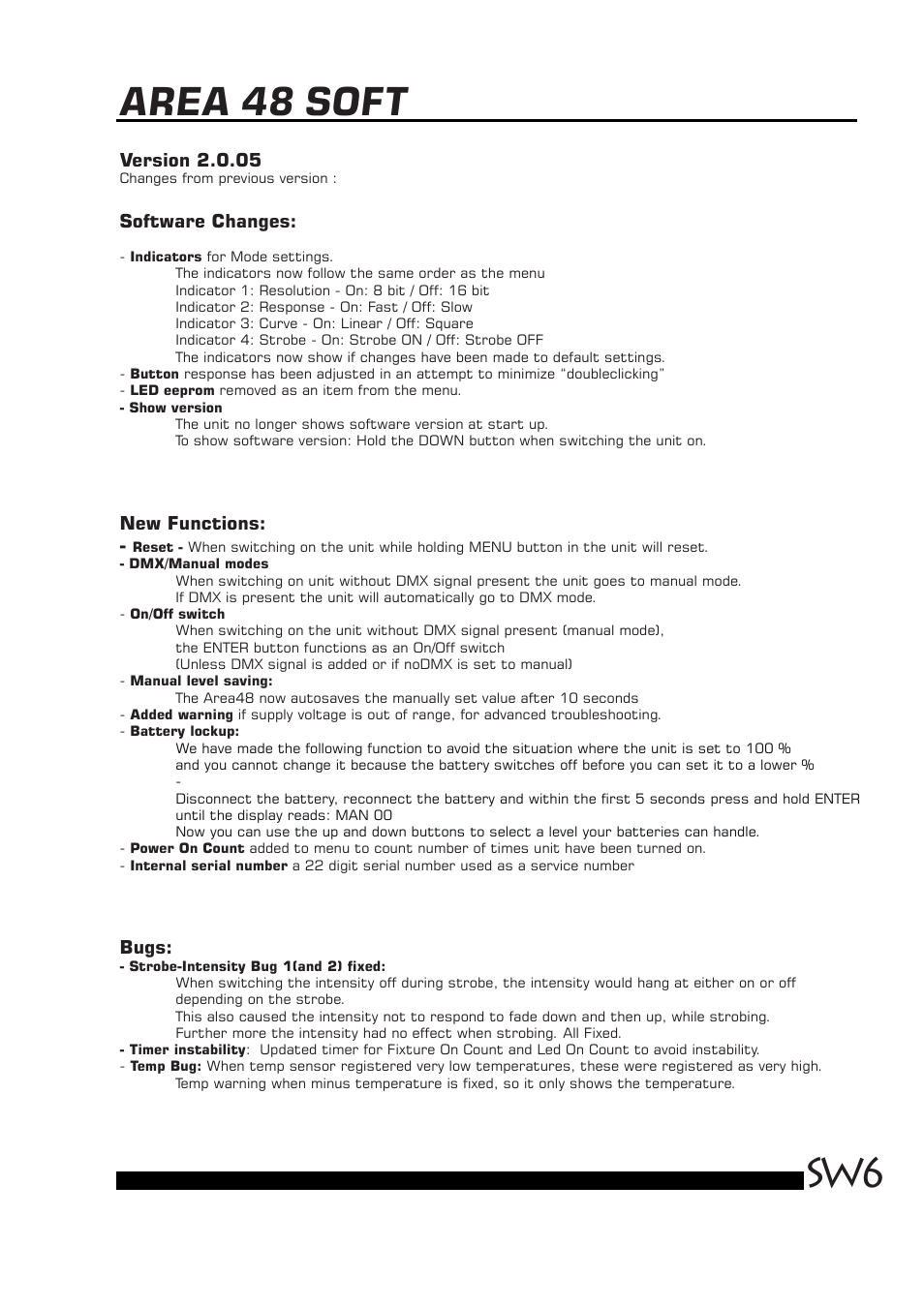 Area 48 soft, Version 2.0.05, Software changes | New functions, Bugs | Brother, Brother & Sons Area48soft Software ver. 2.0.05 User Manual | Page 6 / 6