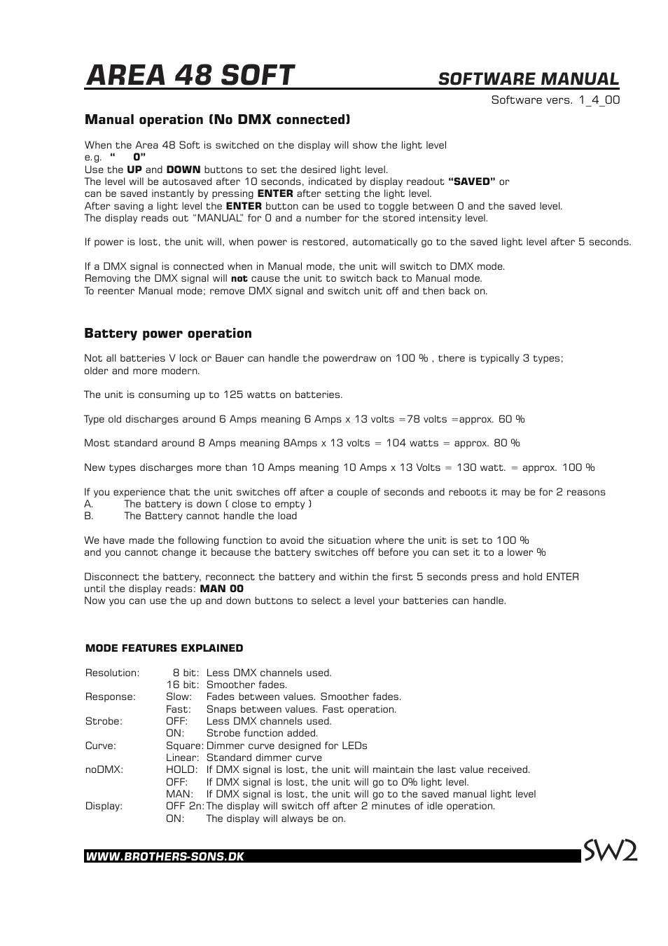 Area 48 soft, Software manual, Manual operation (no dmx connected) | Battery power operation | Brother, Brother & Sons Area48soft Software ver. 1.4.00 User Manual | Page 2 / 4