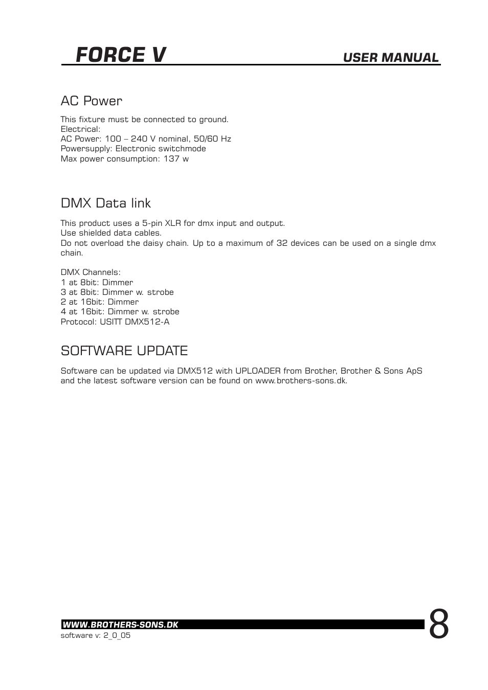 Force v, Ac power dmx data link, Software update | Brother, Brother & Sons Force V Ver. 2.0.05 User Manual | Page 9 / 15