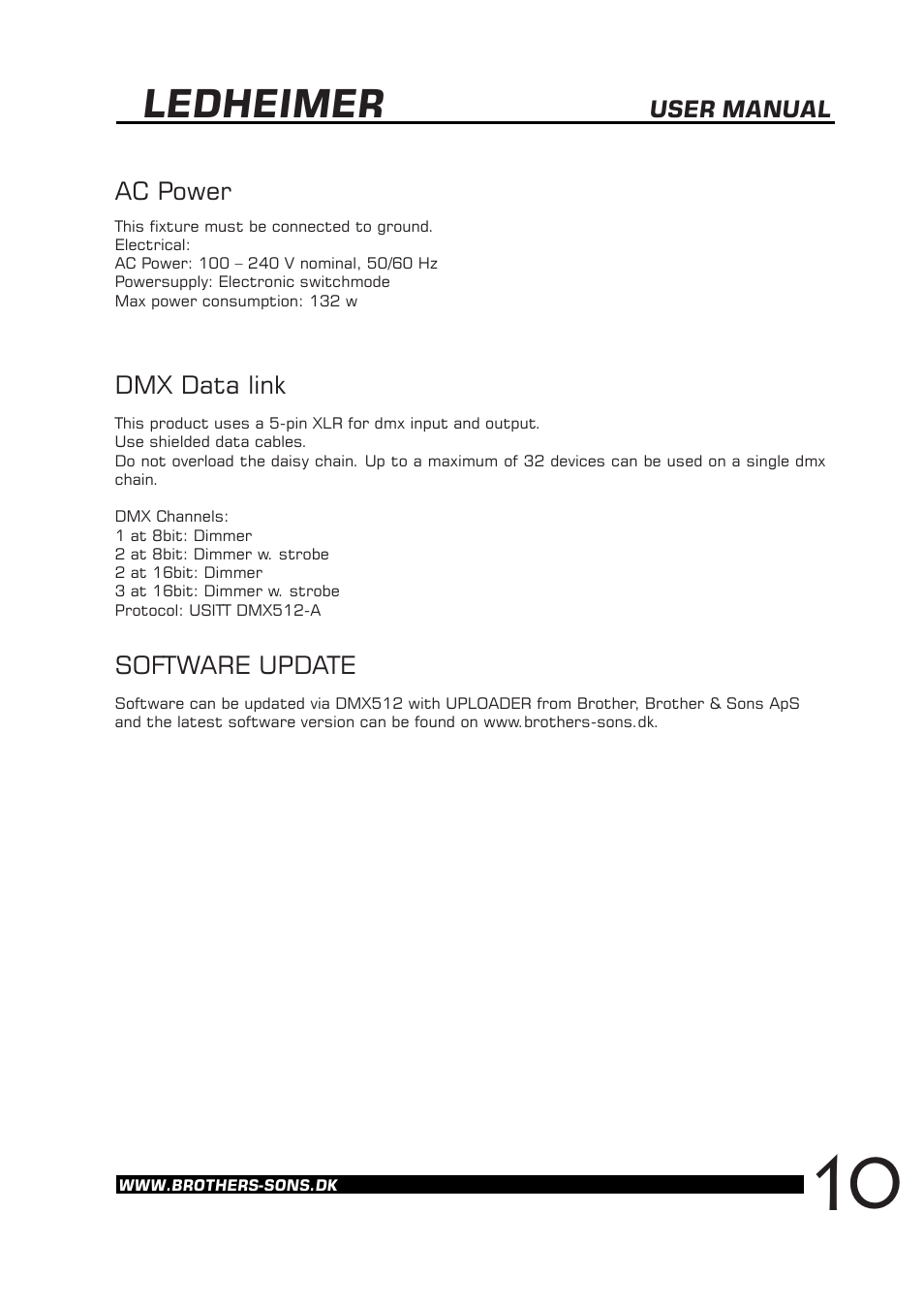 Ledheimer, Ac power dmx data link, Software update | Brother, Brother & Sons Ledheimer Ver. 1.3.00 User Manual | Page 11 / 16