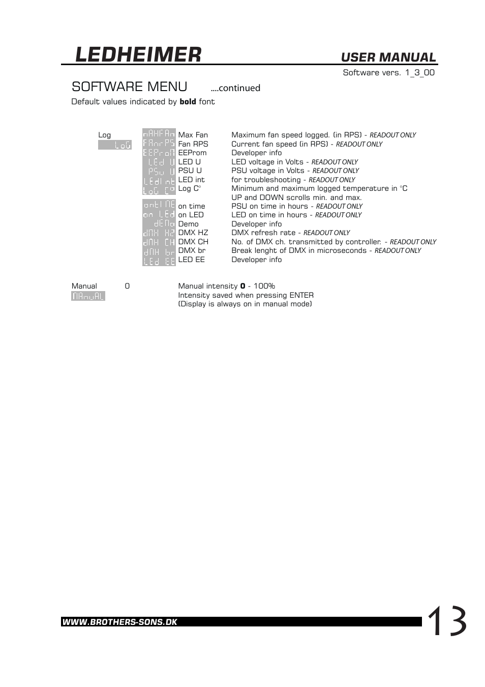Ledheimer, Software menu, User manual | Continued | Brother, Brother & Sons Ledheimer Ver. 1.3.00 User Manual | Page 14 / 16
