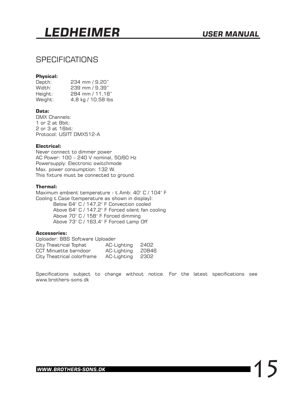 Ledheimer, Specifications, User manual | Brother, Brother & Sons Ledheimer Ver. 1.3.00 User Manual | Page 16 / 16