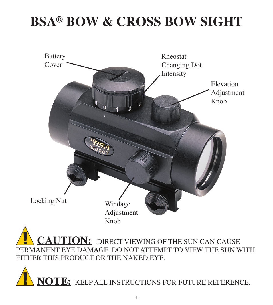 Bow & cross bow sight, Caution | BSA Optics BOWRD30CP User Manual | Page 4 / 16