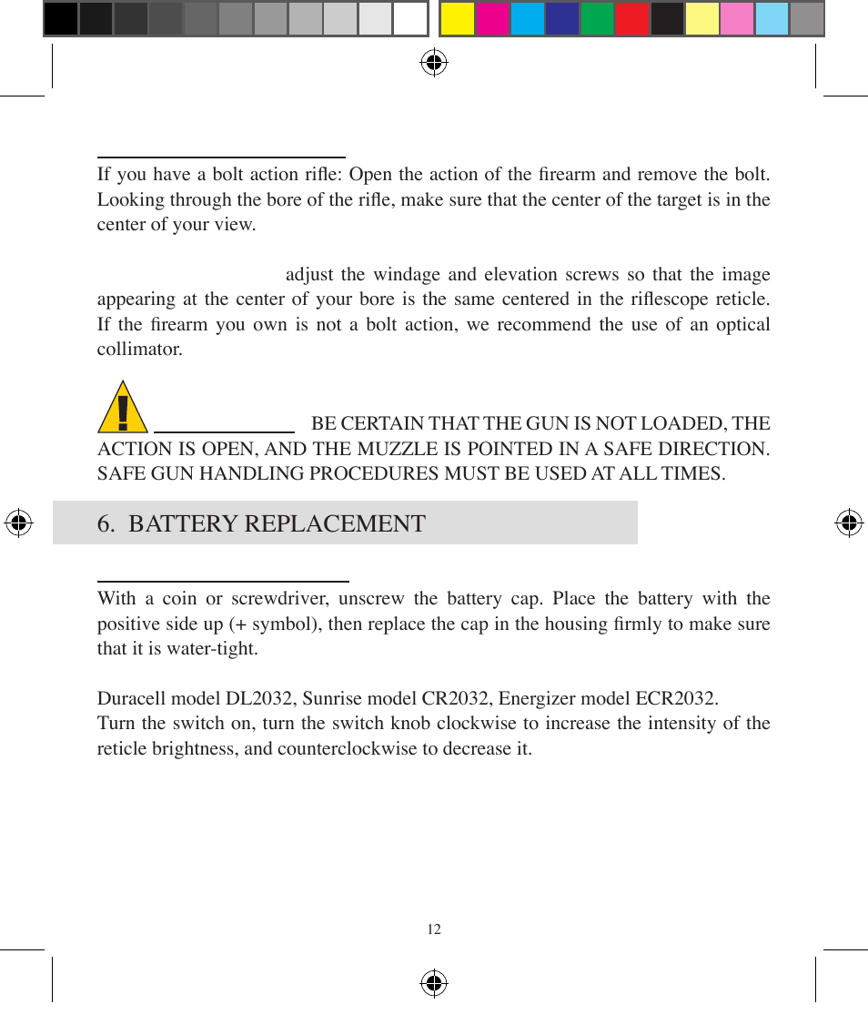 Caution, Battery replacement | BSA Optics HMRGBD30CP User Manual | Page 12 / 16