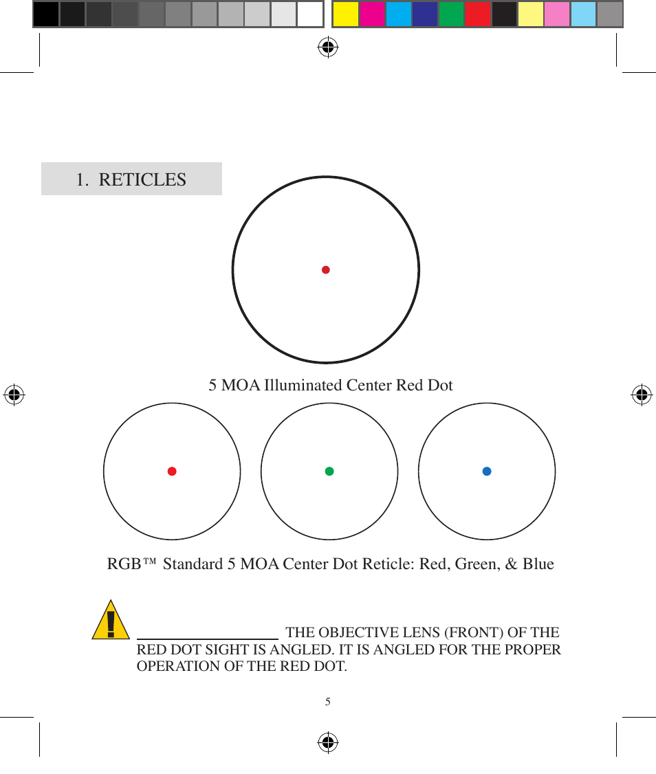 Attention, Red dot series illuminated sights reticles, Reticles | BSA Optics HMRGBD30CP User Manual | Page 5 / 16