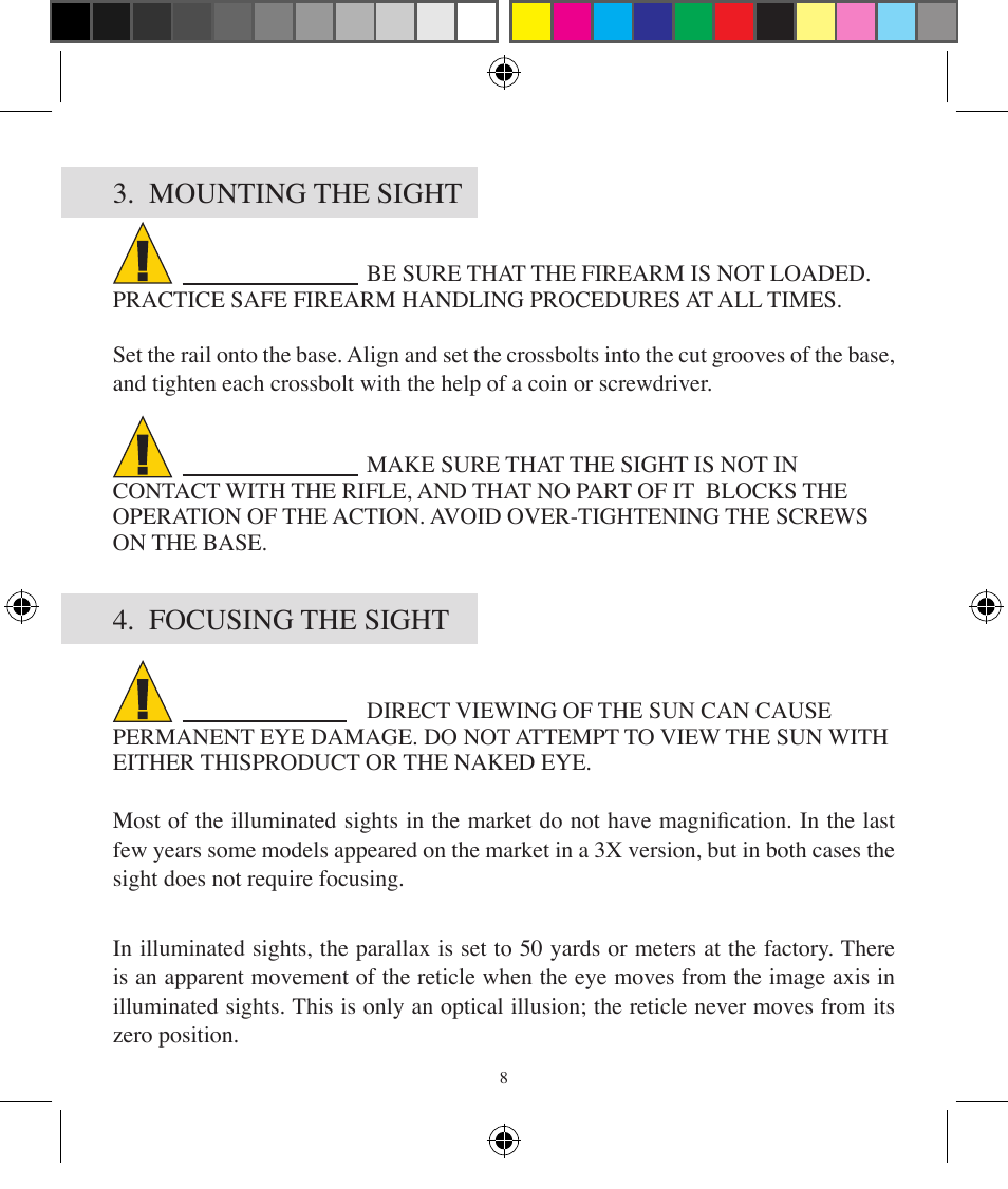 Caution, Focusing the sight 3. mounting the sight | BSA Optics HMRGBD30CP User Manual | Page 8 / 16