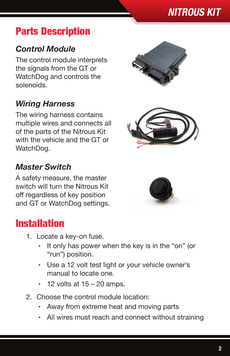 Nitrous kit, Parts description, Installation | Bully Dog 47000 Nitrous Kit User Manual | Page 3 / 12