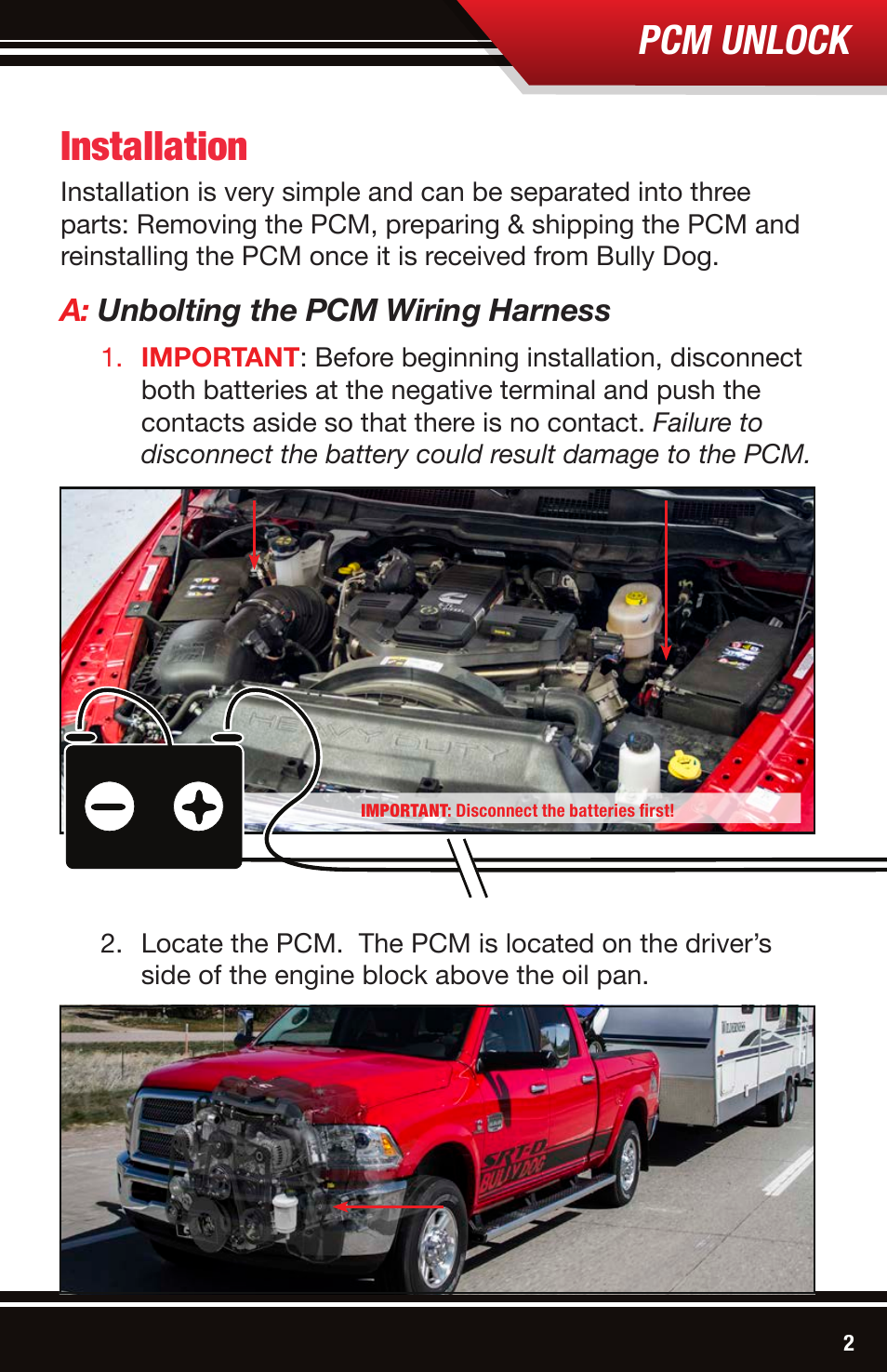 Pcm unlock, Installation | Bully Dog 42213 Dodge Ram 2500-3500 6.7L 2013 User Manual | Page 3 / 12