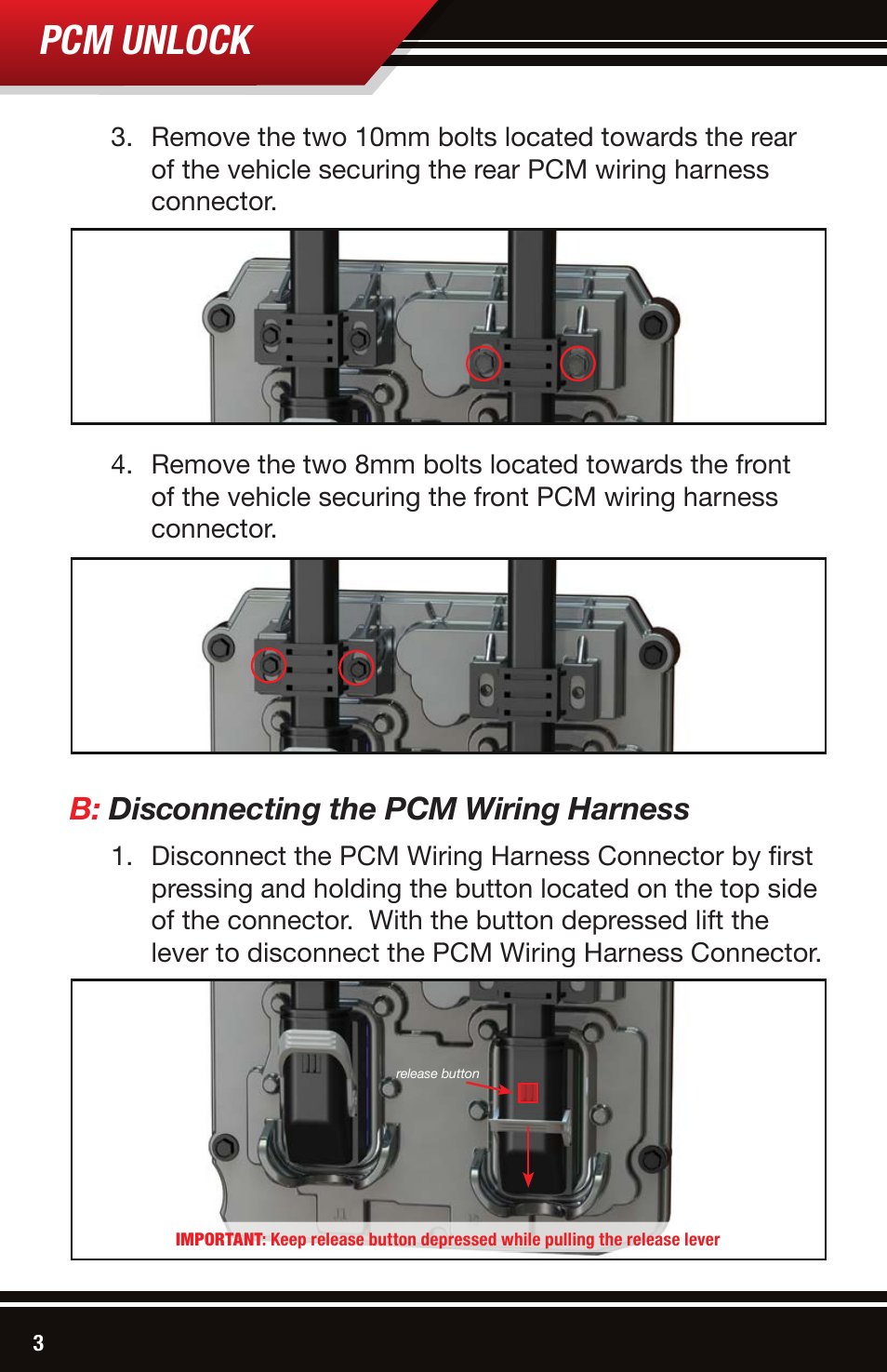 Pcm unlock, B: disconnecting the pcm wiring harness | Bully Dog 42213 Dodge Ram 2500-3500 6.7L 2013 User Manual | Page 4 / 12