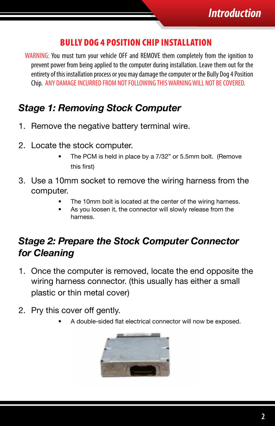 Introduction, Bully dog 4 position chip installation, Stage 1: removing stock computer | Bully Dog 4110x Bully Dog 4 Position Chip User Manual | Page 3 / 12