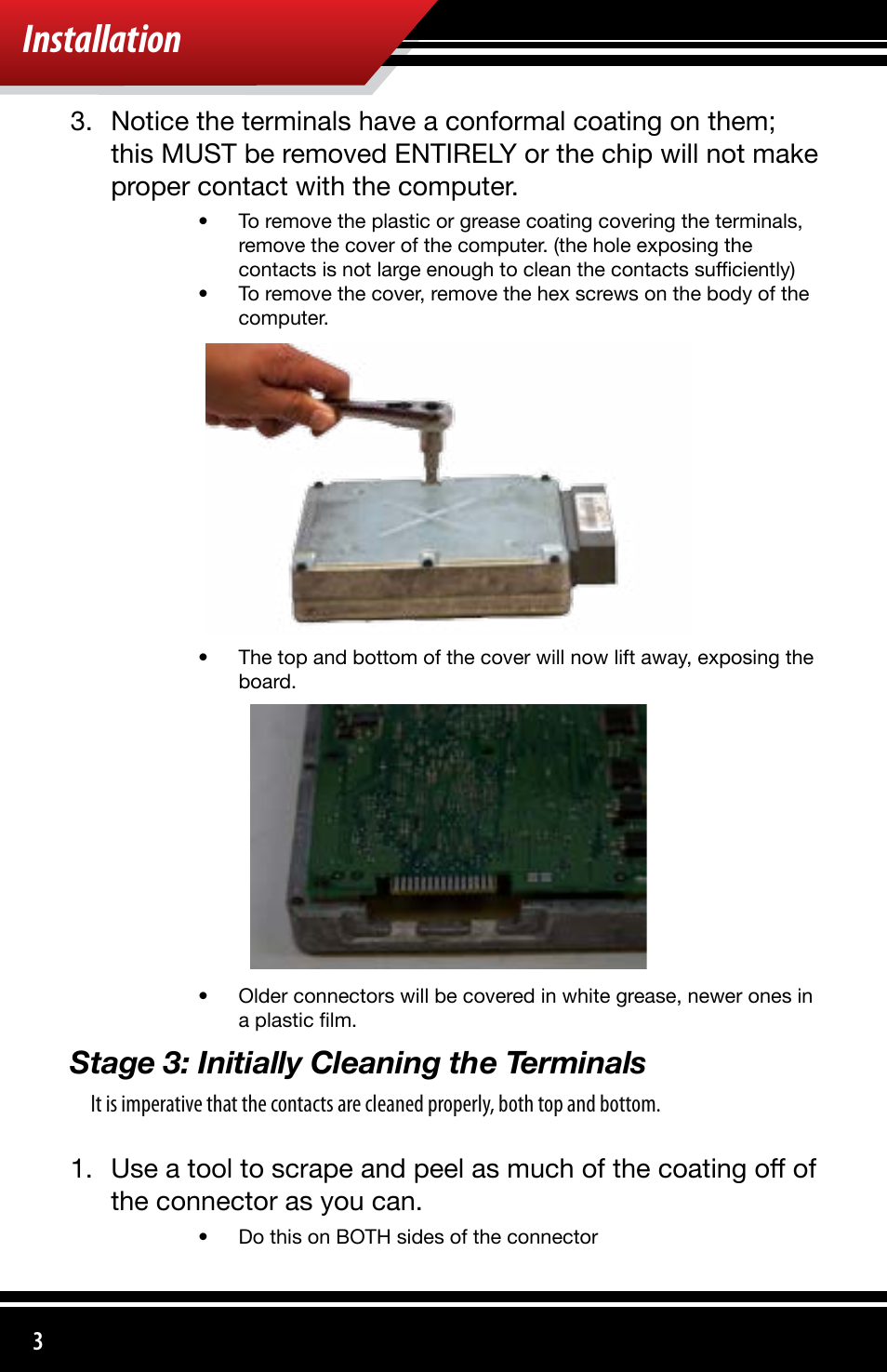 Installation, Stage 3: initially cleaning the terminals | Bully Dog 4110x Bully Dog 4 Position Chip User Manual | Page 4 / 12