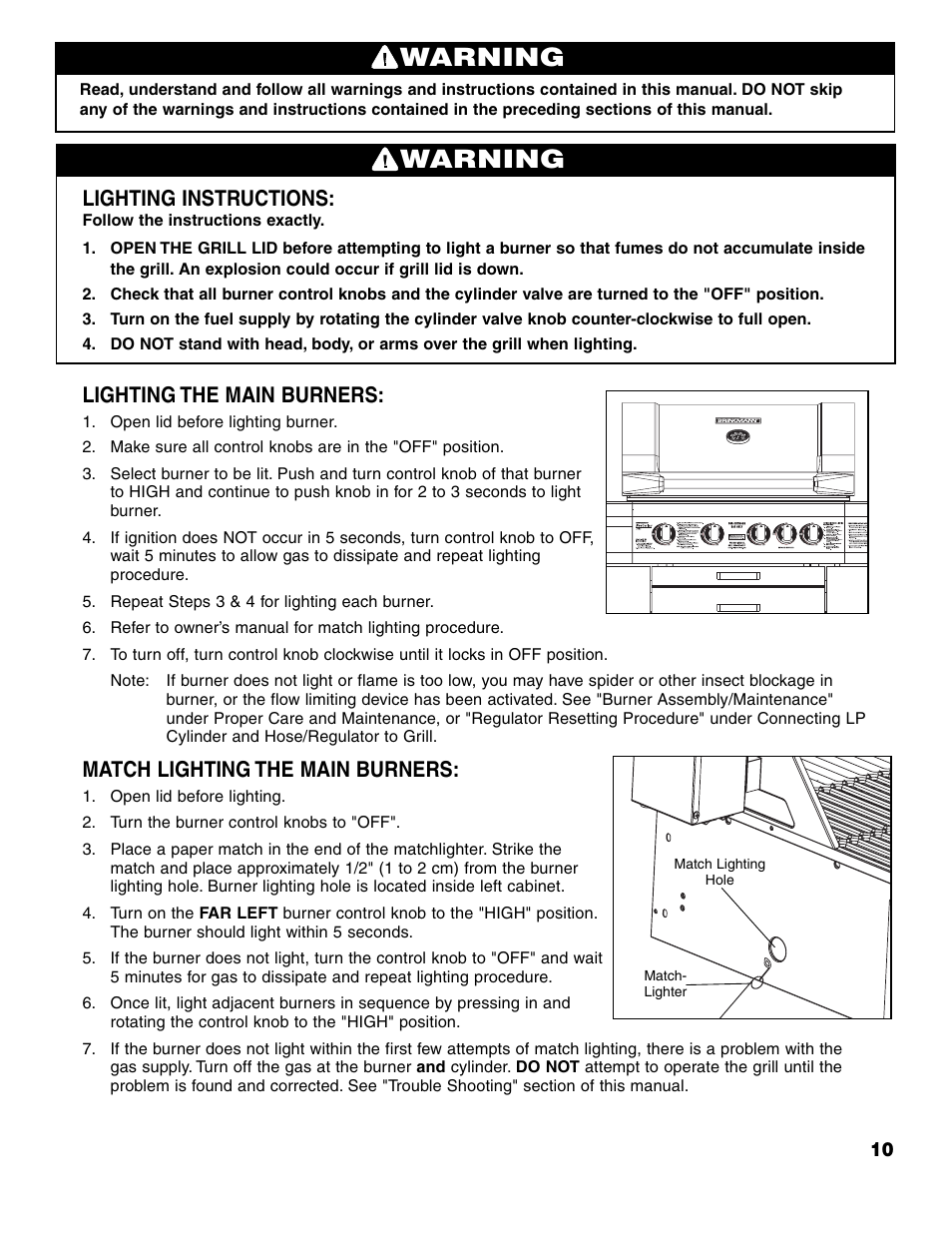 Warning, Lighting instructions, Lighting the main burners | Match lighting the main burners | Brinkmann 7741 User Manual | Page 11 / 56