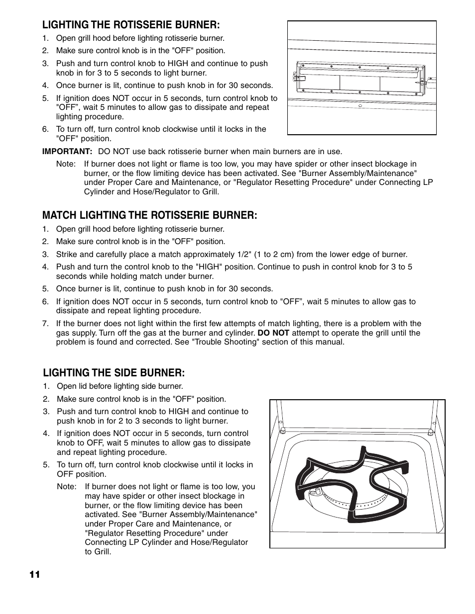 Lighting the rotisserie burner, Match lighting the rotisserie burner, Lighting the side burner | Brinkmann 7741 User Manual | Page 12 / 56