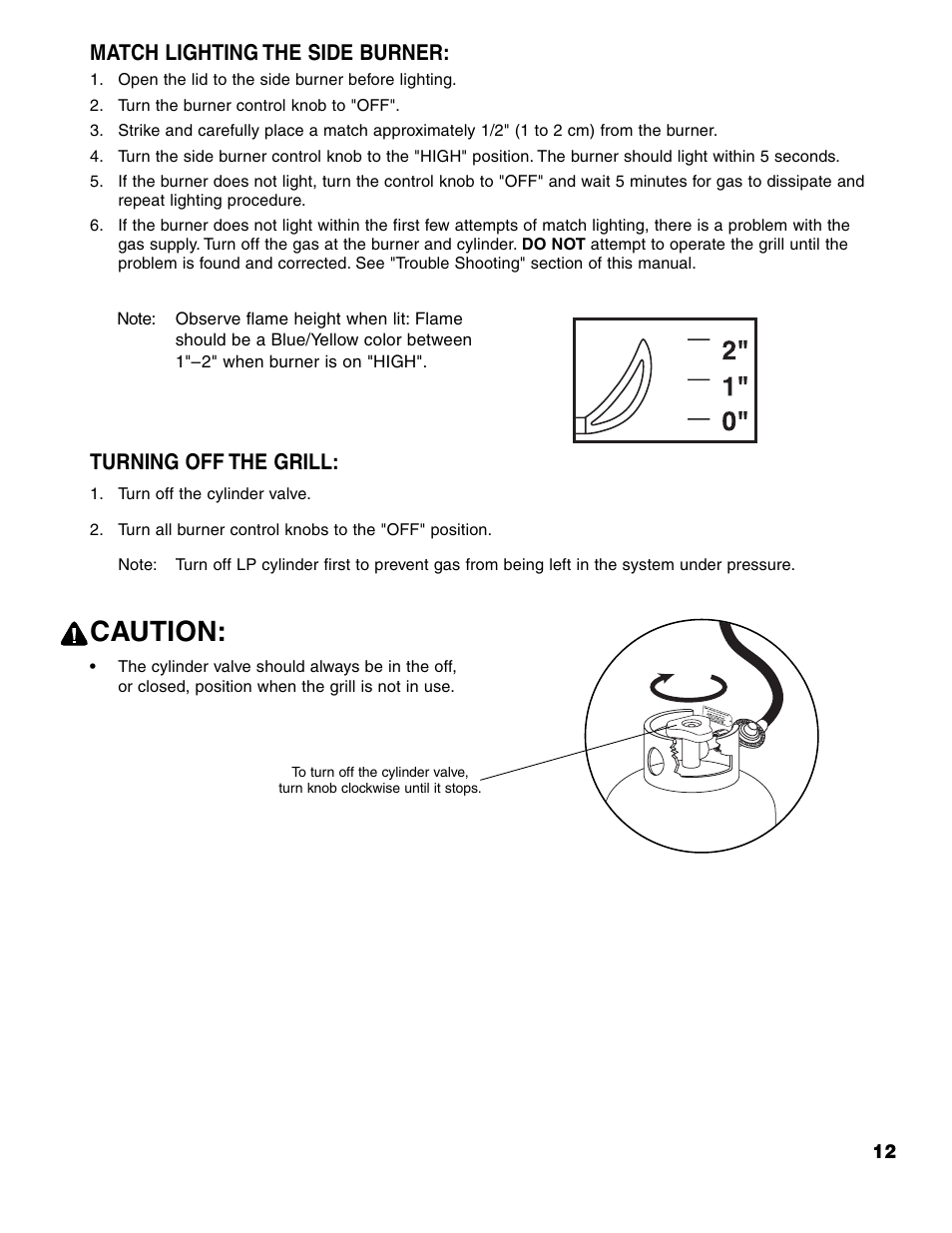 Caution, Match lighting the side burner, Turning off the grill | Brinkmann 7741 User Manual | Page 13 / 56