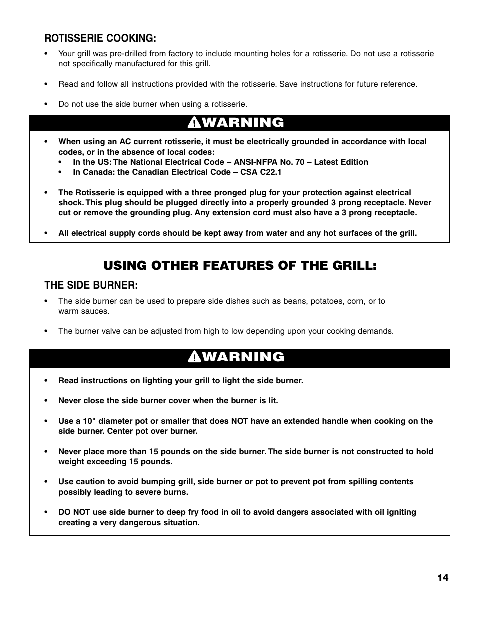 Warning, Using other features of the grill, Rotisserie cooking | The side burner | Brinkmann 7741 User Manual | Page 15 / 56