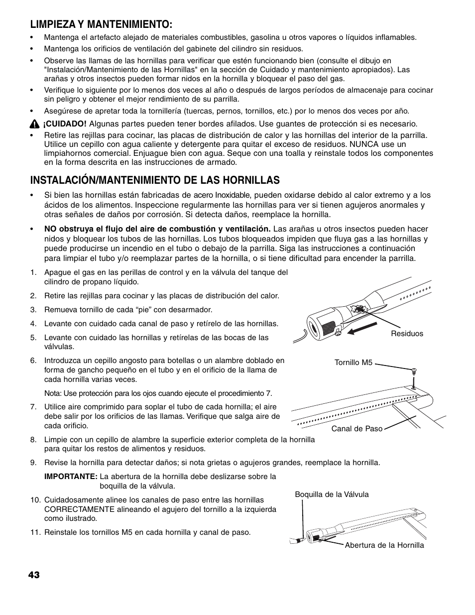 Instalación/mantenimiento de las hornillas, Limpieza y mantenimiento | Brinkmann 7741 User Manual | Page 44 / 56