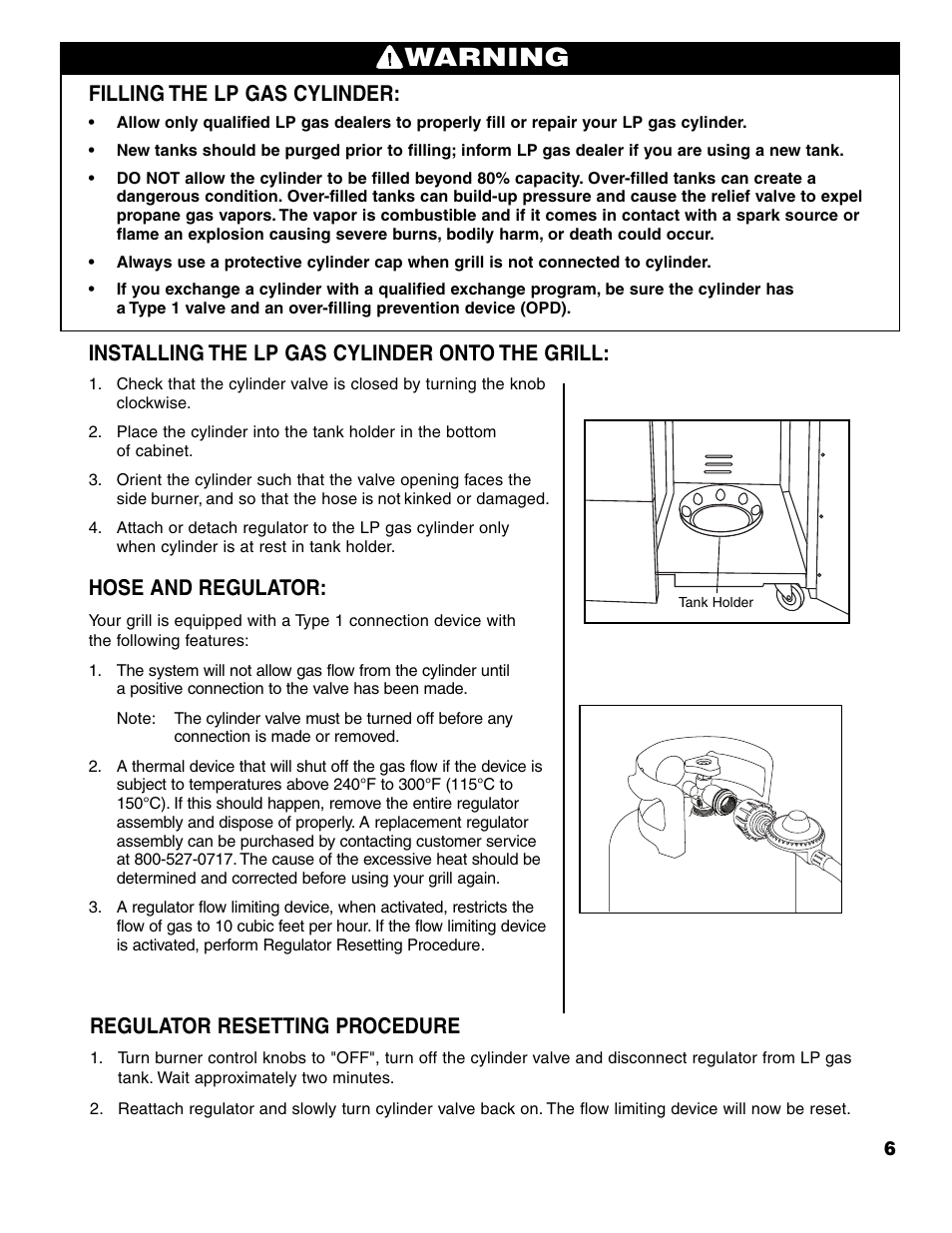 Warning, Filling the lp gas cylinder, Installing the lp gas cylinder onto the grill | Hose and regulator, Regulator resetting procedure | Brinkmann 7741 User Manual | Page 7 / 56