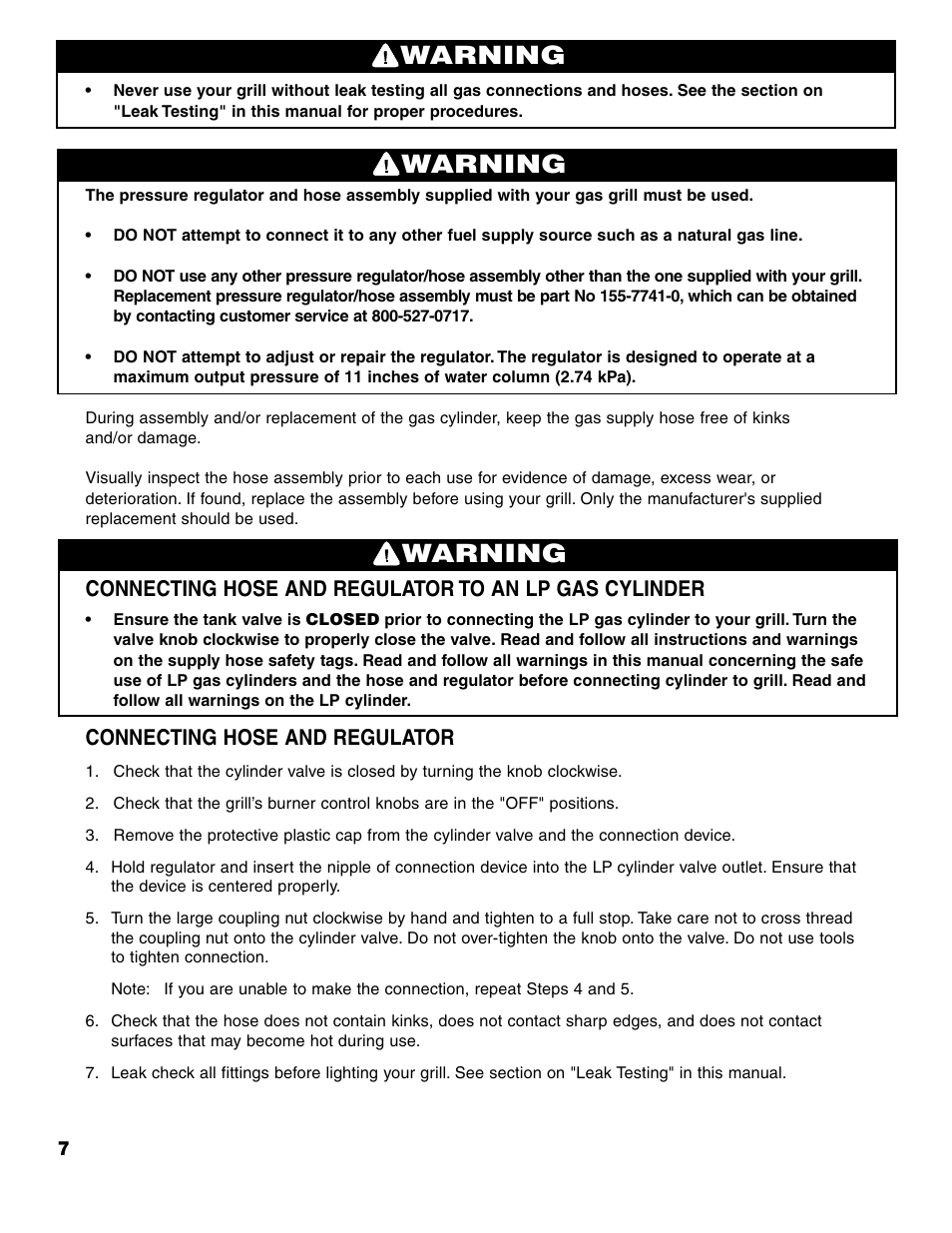 Warning, Connecting hose and regulator | Brinkmann 7741 User Manual | Page 8 / 56