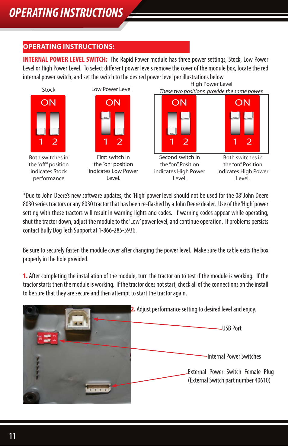 Operating instructions, On 1 2 | Bully Dog 40605 John Deere 8030 and 8020 Series Module User Manual | Page 12 / 16