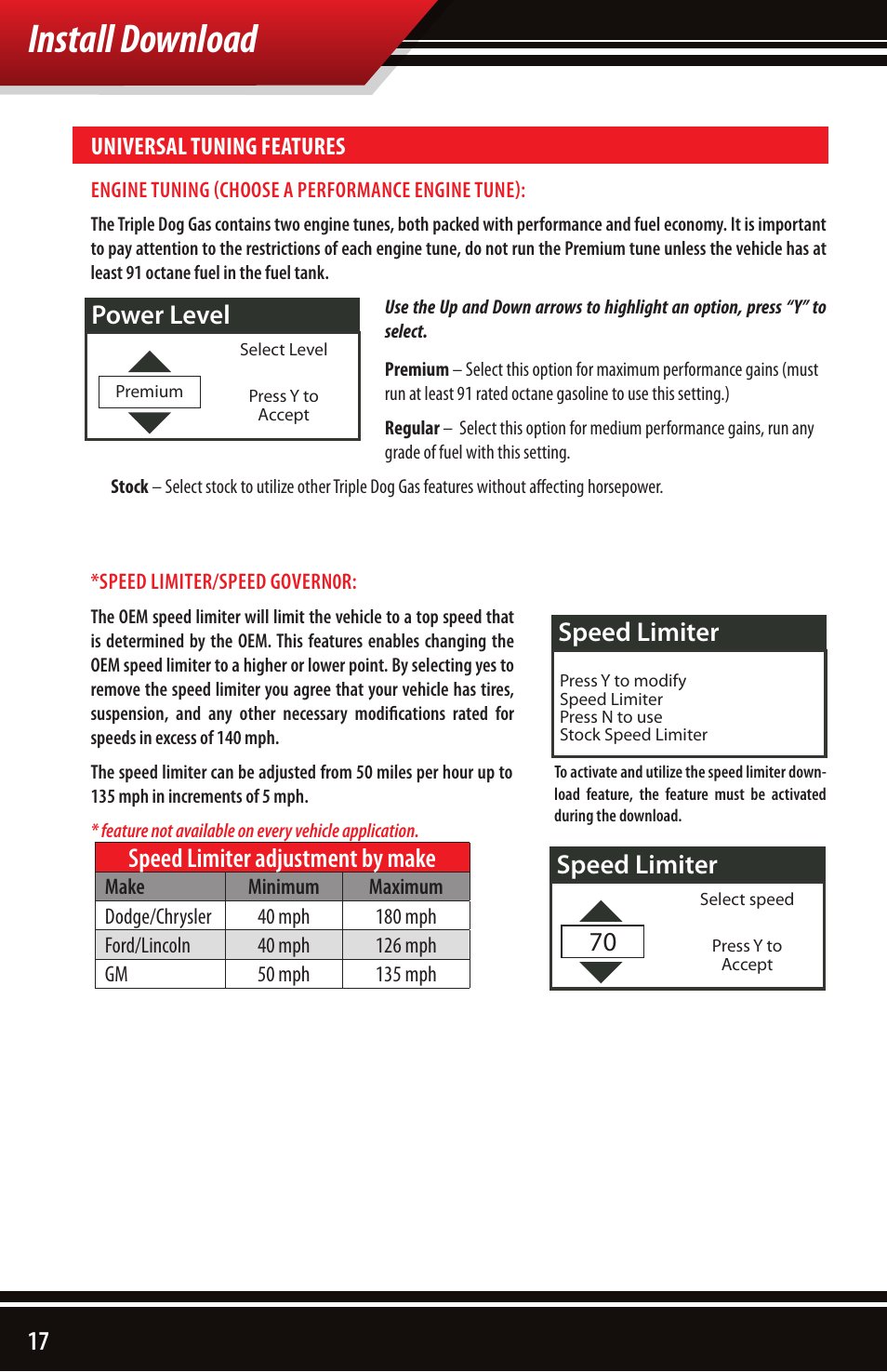Install download, Speed limiter, Speed limiter 70 | Speed limiter adjustment by make, Power level | Bully Dog 40510 Triple Dog Gas Downloader User Manual | Page 18 / 32