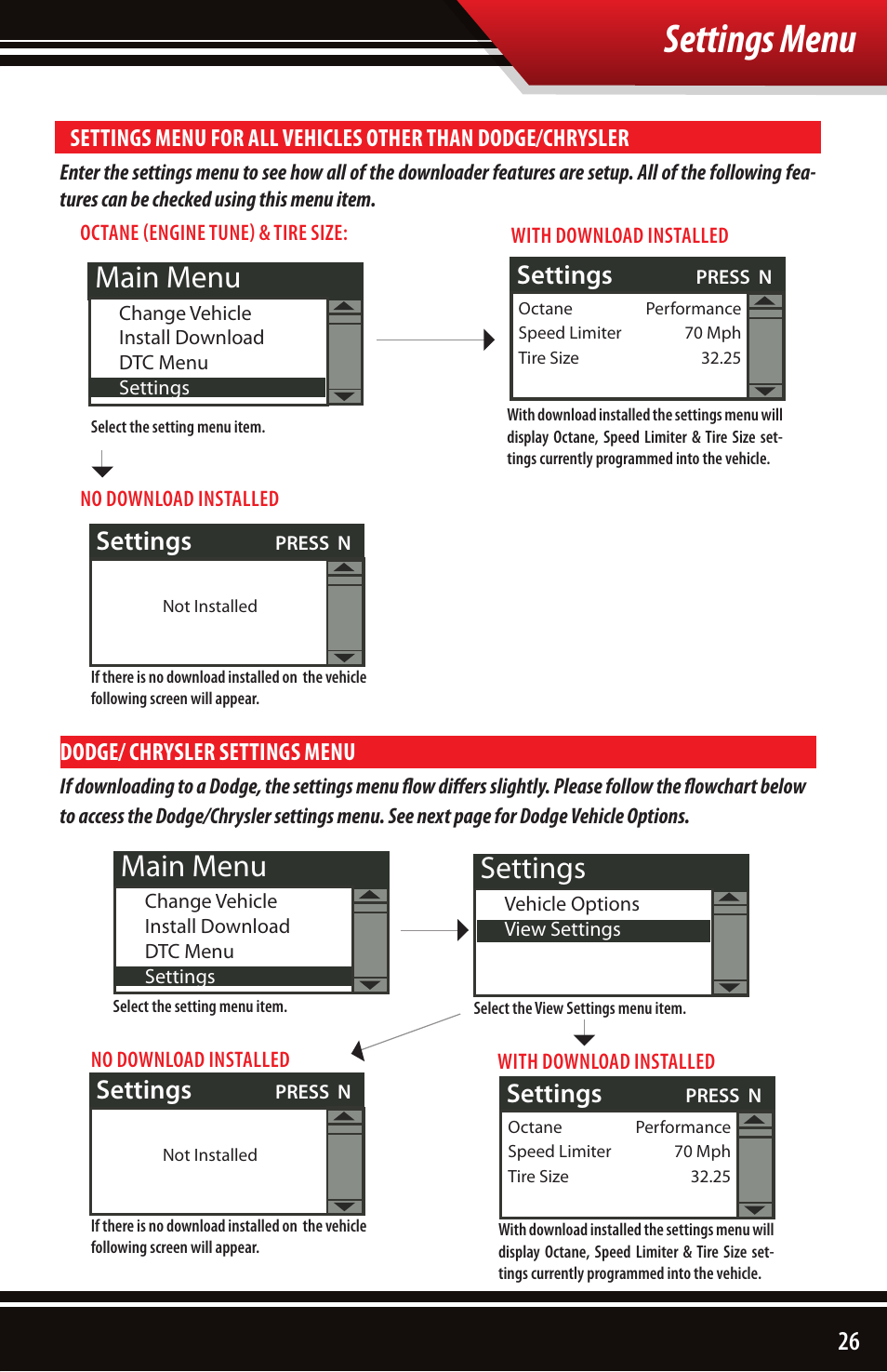 Settings menu, 50% main menu, 50% settings | Settings | Bully Dog 40510 Triple Dog Gas Downloader User Manual | Page 27 / 32