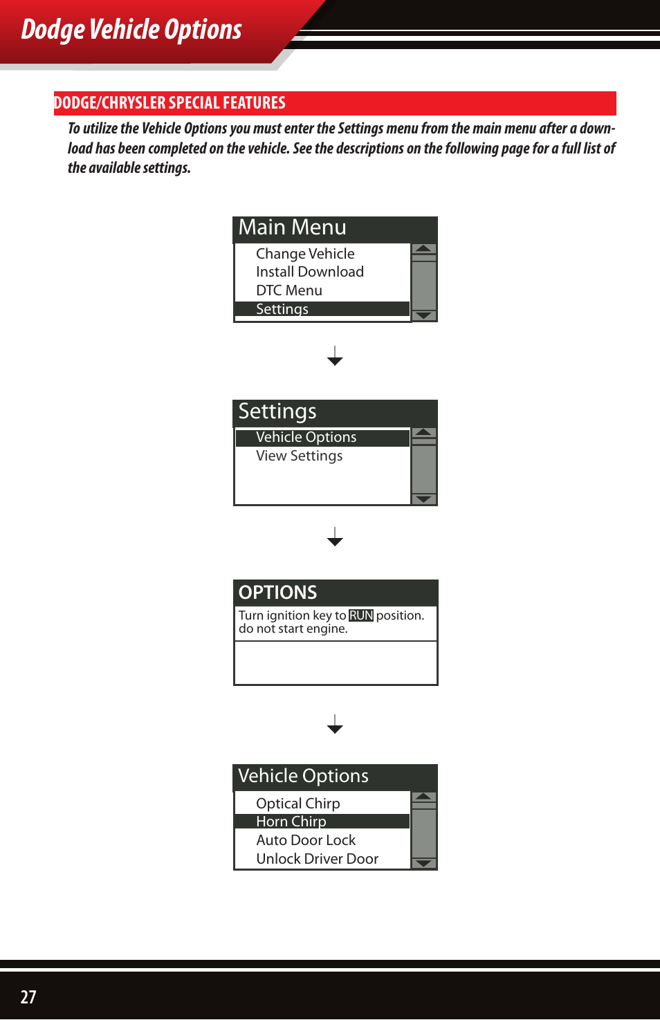 Dodge vehicle options, 50% main menu, 50% settings | Bully Dog 40510 Triple Dog Gas Downloader User Manual | Page 28 / 32