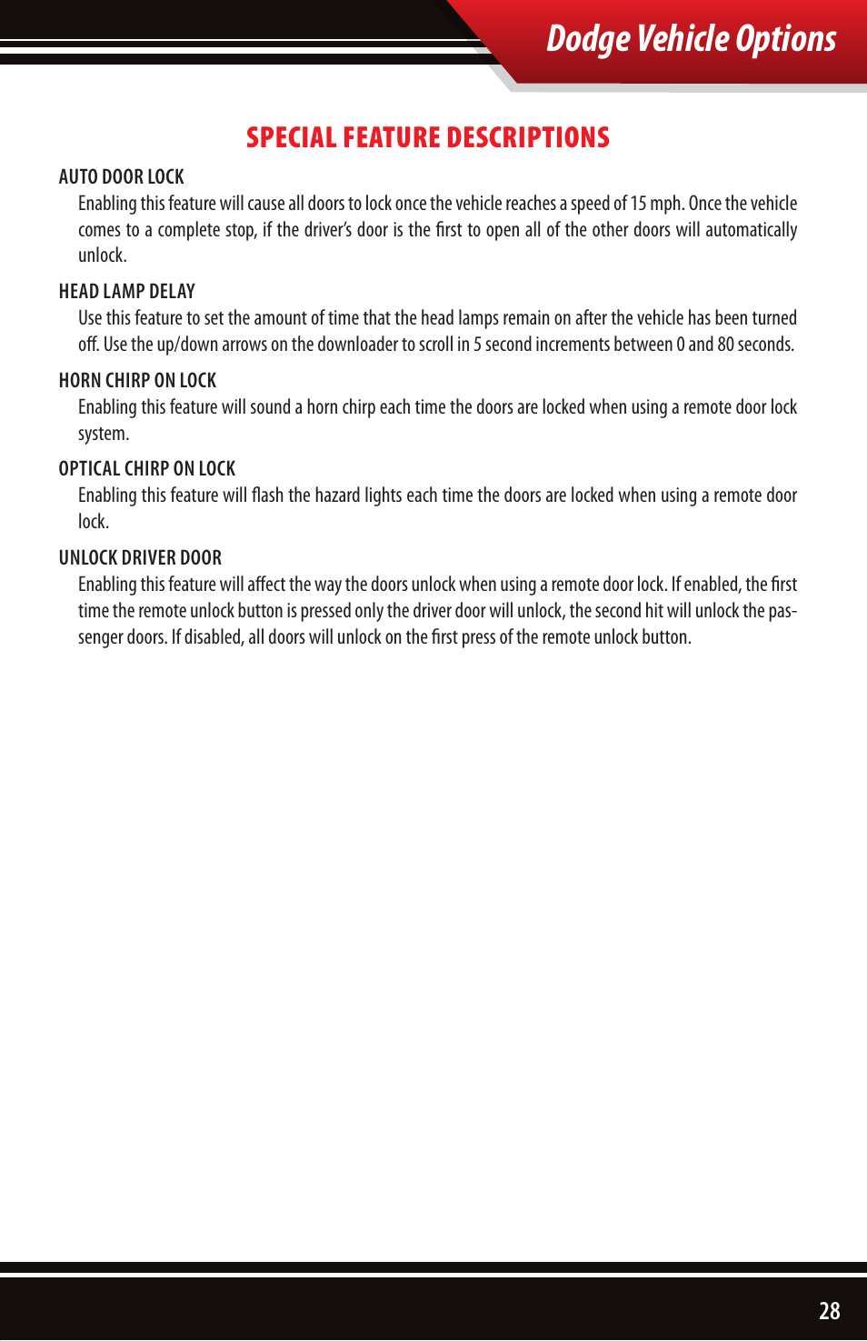 Dodge vehicle options, Special feature descriptions | Bully Dog 40510 Triple Dog Gas Downloader User Manual | Page 29 / 32