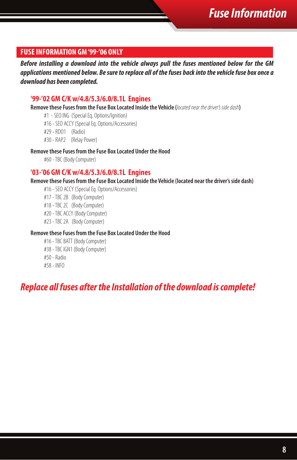 Fuse information | Bully Dog 40510 Triple Dog Gas Downloader User Manual | Page 9 / 32