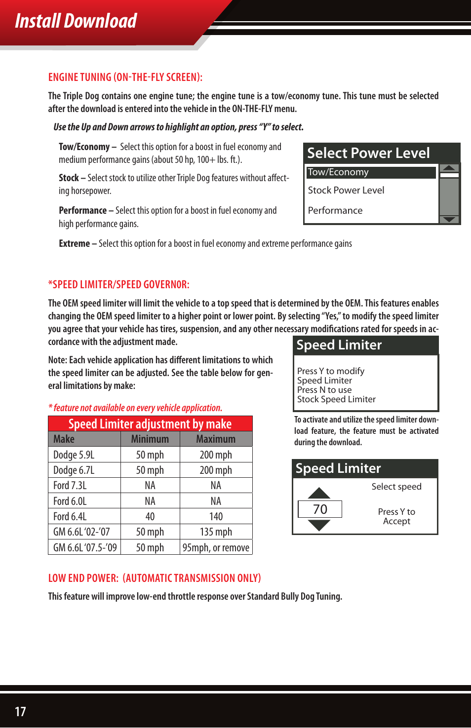 Install download, Select power level, Speed limiter | Speed limiter 70, Speed limiter adjustment by make | Bully Dog 40502 TRIPLE DOG DOWNLOADER User Manual | Page 18 / 24