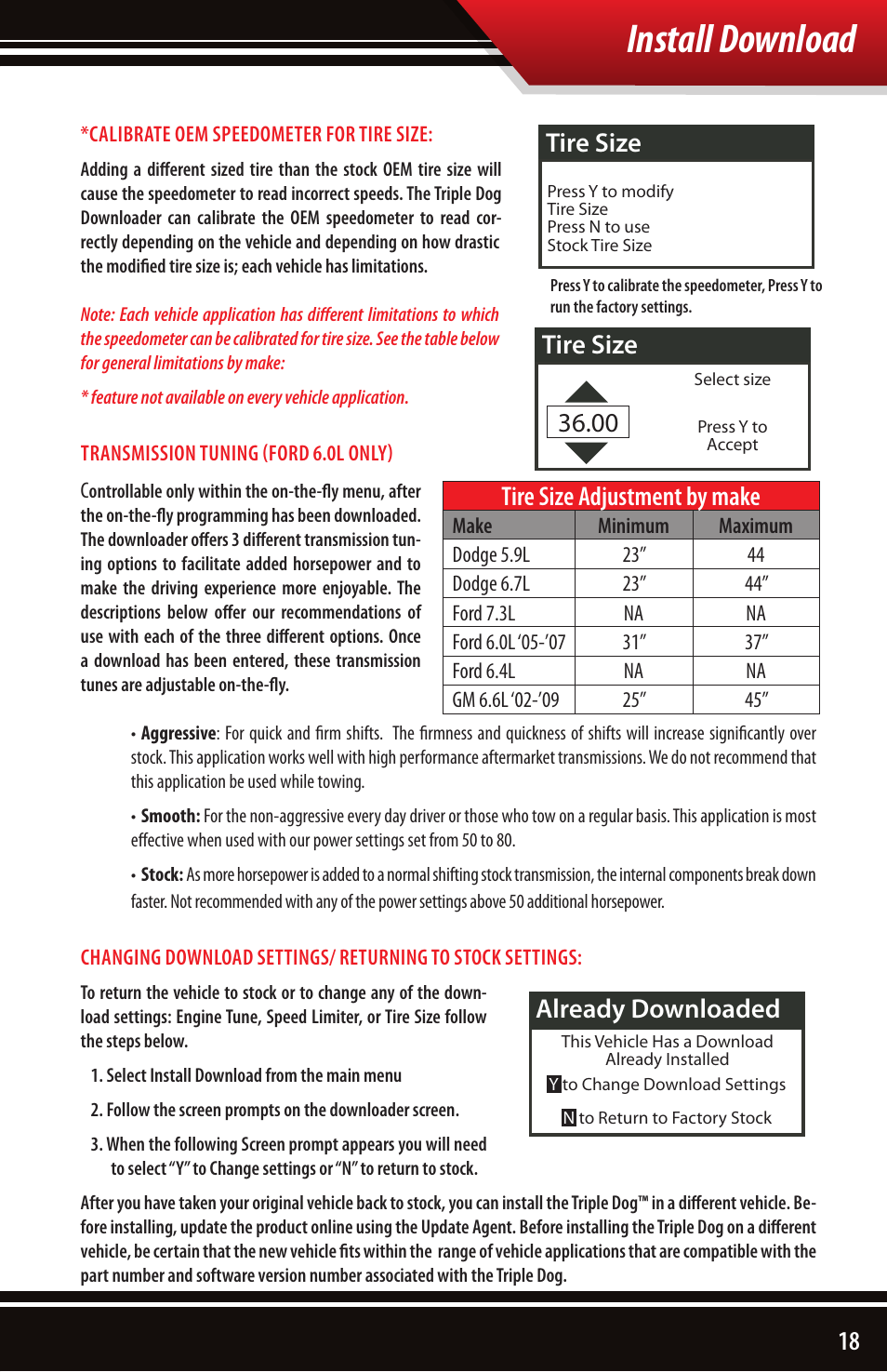 Install download, Tire size 36.00, Already downloaded tire size | Tire size adjustment by make | Bully Dog 40502 TRIPLE DOG DOWNLOADER User Manual | Page 19 / 24