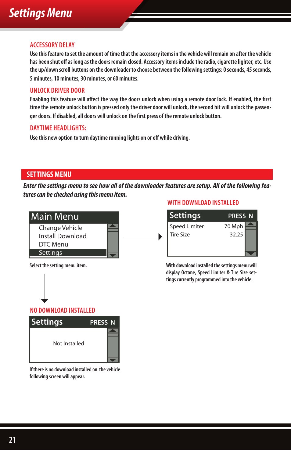Settings menu, 50% main menu, Settings | Bully Dog 40502 TRIPLE DOG DOWNLOADER User Manual | Page 22 / 24