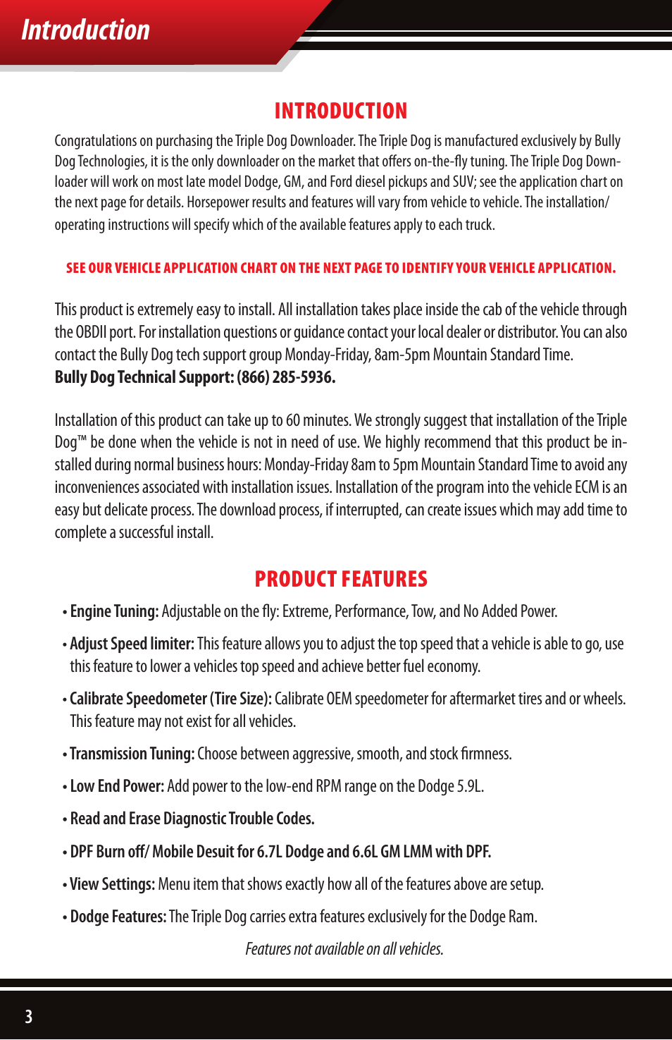 Introduction, Product features | Bully Dog 40502 TRIPLE DOG DOWNLOADER User Manual | Page 4 / 24