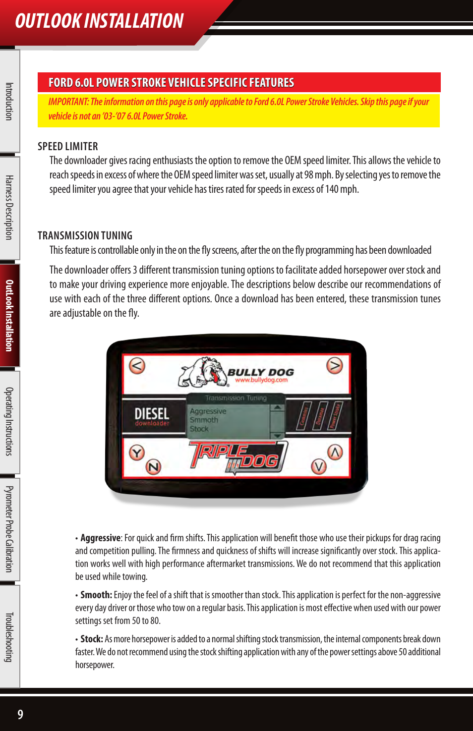 Outlook installation, Ford 6.0l power stroke vehicle specific features | Bully Dog 43500 TRIPLE DOG DOWNLOADER User Manual | Page 10 / 20