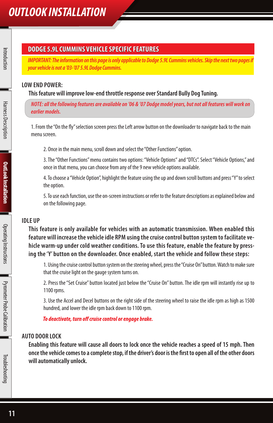 Outlook installation, Dodge 5.9l cummins vehicle specific features | Bully Dog 43500 TRIPLE DOG DOWNLOADER User Manual | Page 12 / 20