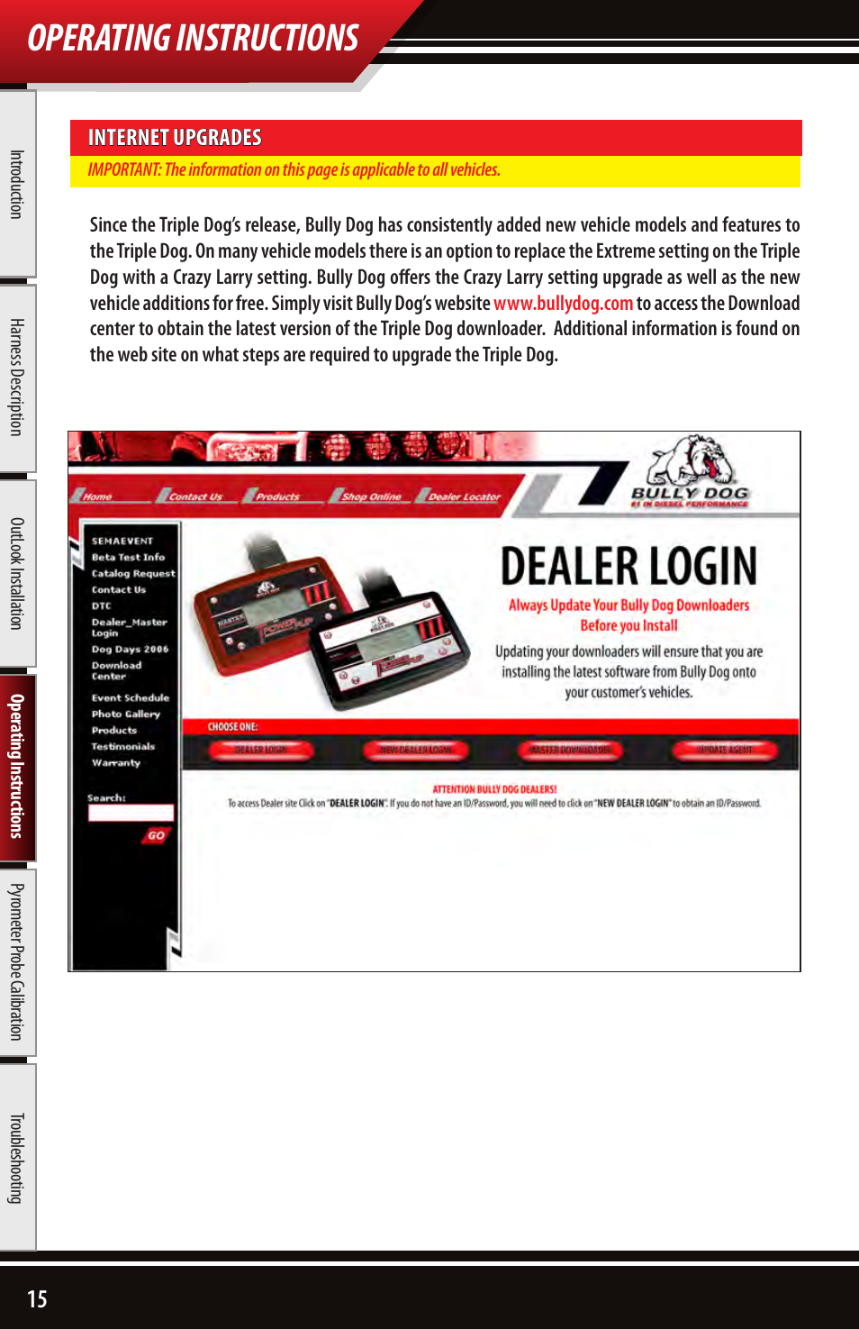 Operating instructions, Internet upgrades | Bully Dog 43500 TRIPLE DOG DOWNLOADER User Manual | Page 16 / 20