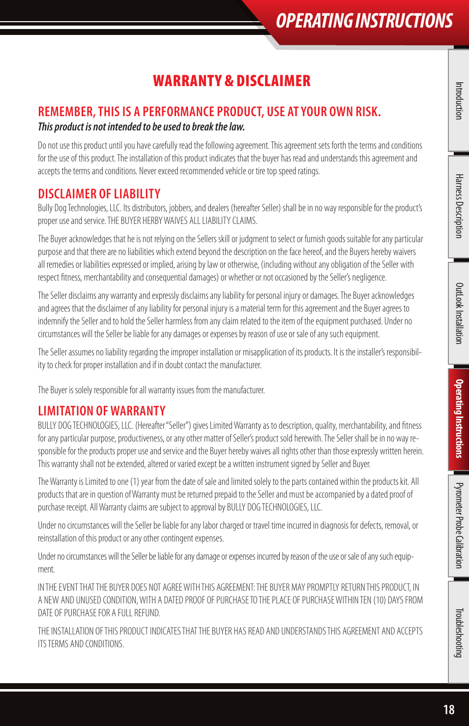 Operating instructions, Warranty & disclaimer, Disclaimer of liability | Limitation of warranty | Bully Dog 43500 TRIPLE DOG DOWNLOADER User Manual | Page 19 / 20