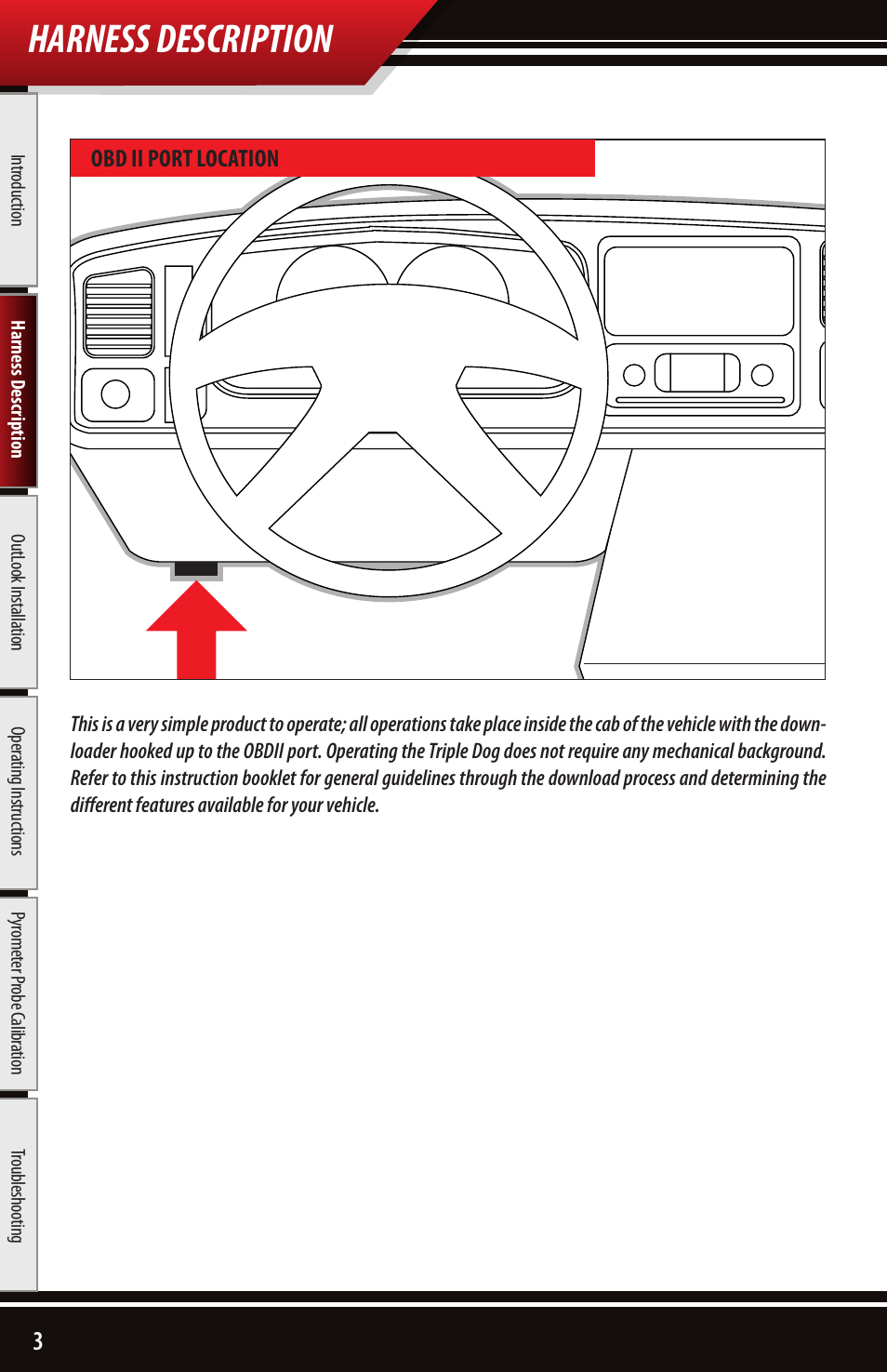 Harness description, Obd ii port location | Bully Dog 43500 TRIPLE DOG DOWNLOADER User Manual | Page 4 / 20