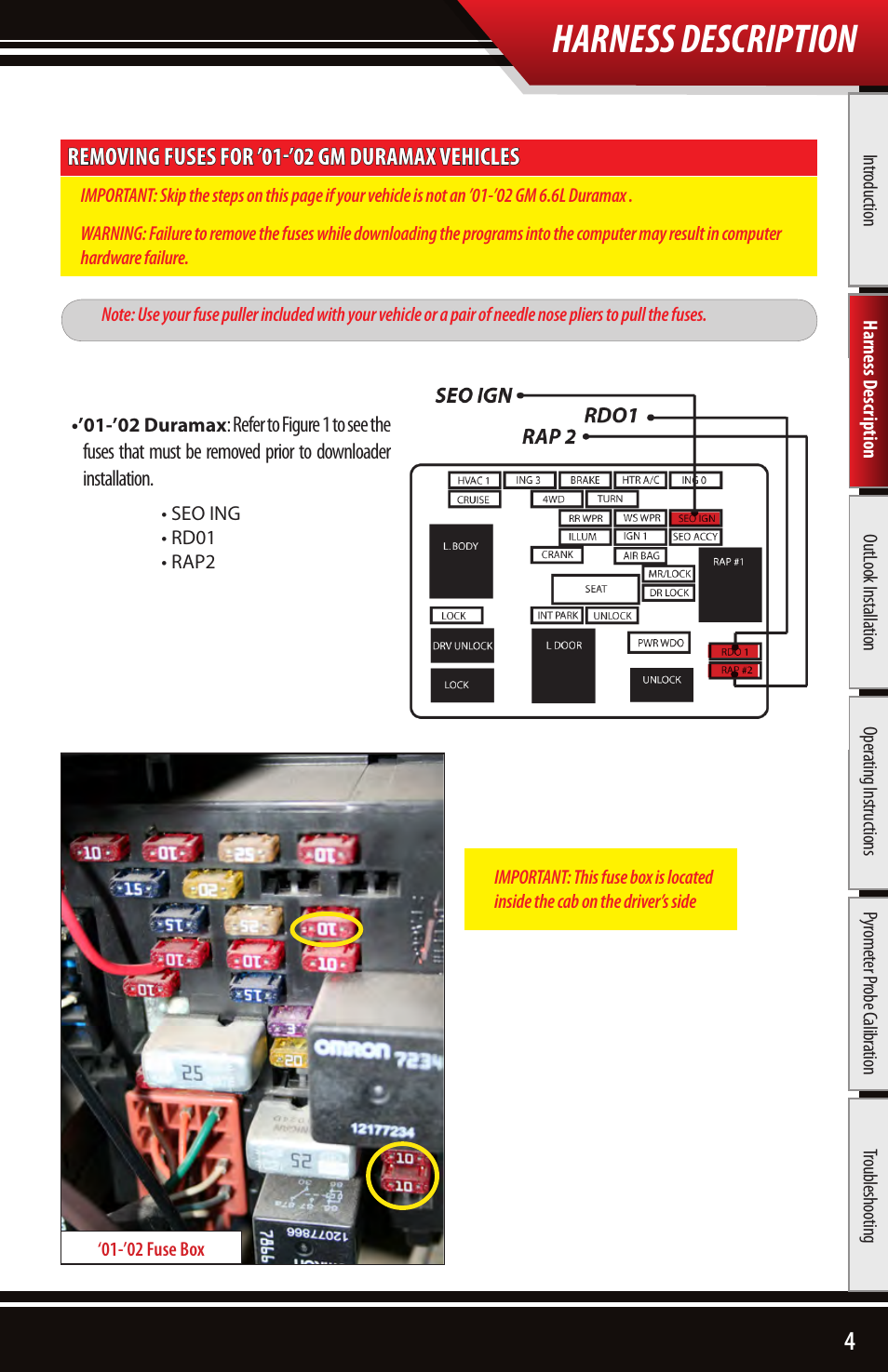 Harness description, Removing fuses for ’01-’02 gm duramax vehicles | Bully Dog 43500 TRIPLE DOG DOWNLOADER User Manual | Page 5 / 20