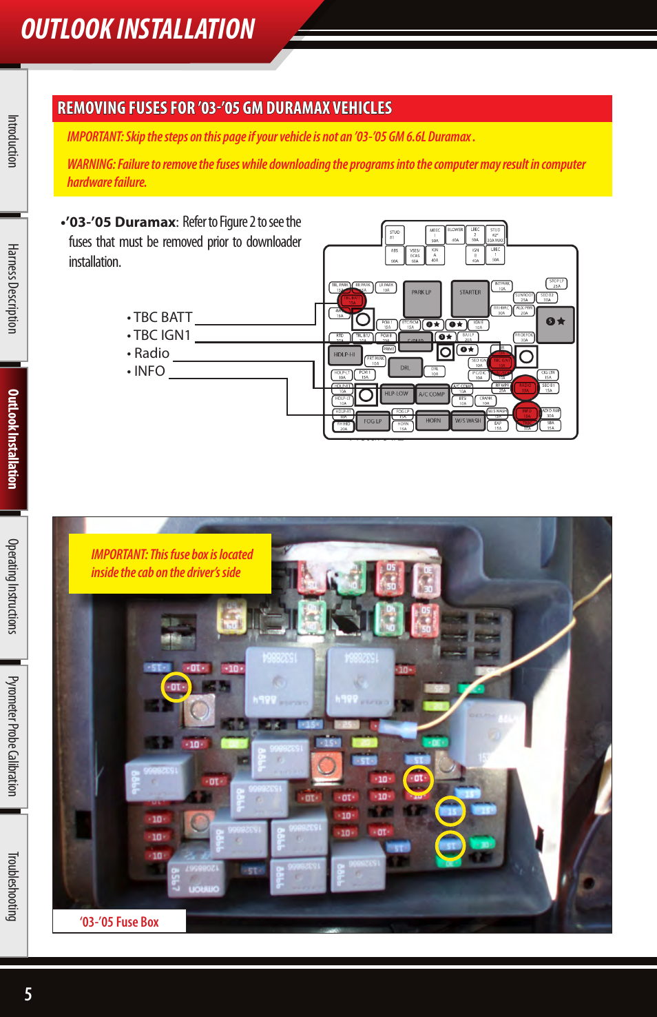 Outlook installation, Removing fuses for ’03-’05 gm duramax vehicles | Bully Dog 43500 TRIPLE DOG DOWNLOADER User Manual | Page 6 / 20