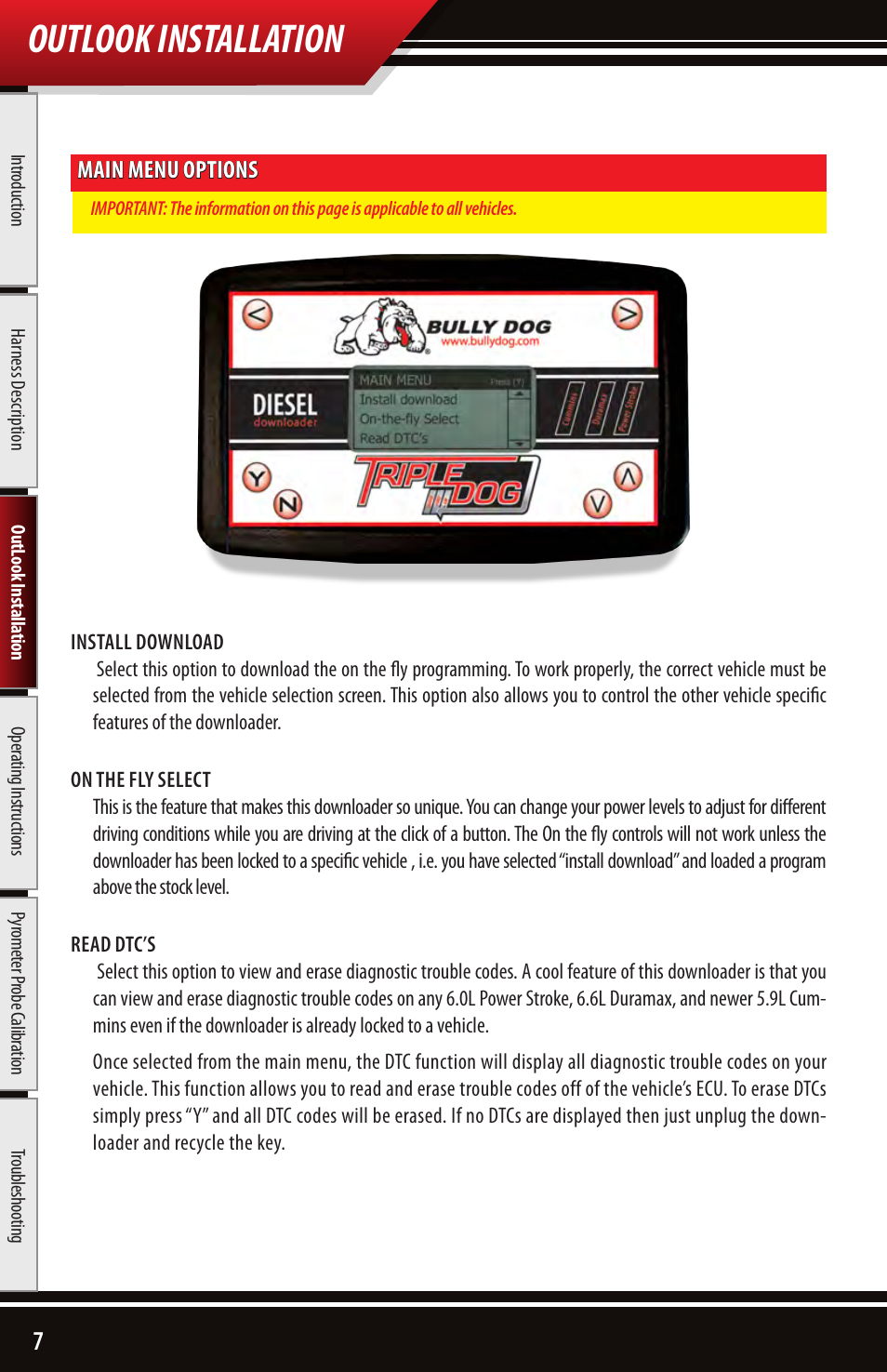 Outlook installation, Main menu options | Bully Dog 43500 TRIPLE DOG DOWNLOADER User Manual | Page 8 / 20