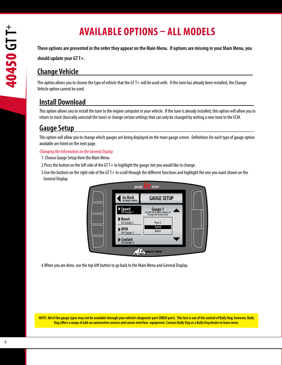 Available options – all models, Change vehicle, Install download | Gauge setup | Bully Dog 40450 GTT+ User Manual | Page 10 / 47
