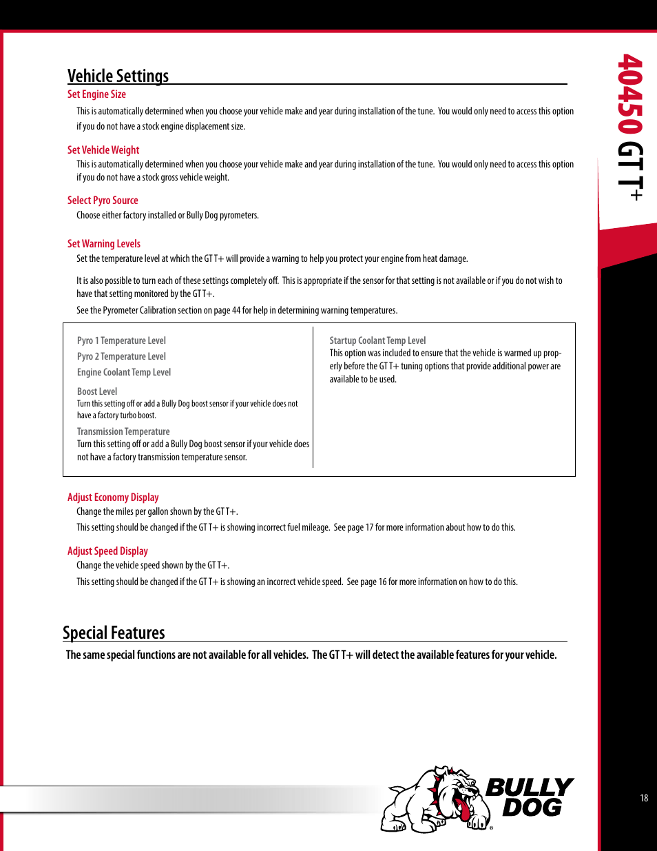 Vehicle settings, Special features | Bully Dog 40450 GTT+ User Manual | Page 19 / 47